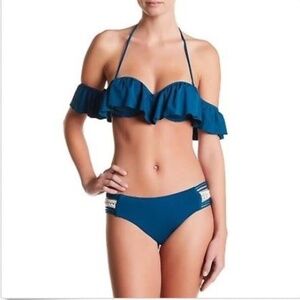 Radio Fiji Teal Dharma Bikini Set Halter Off Shoulder Strappy Rufflle Flounce